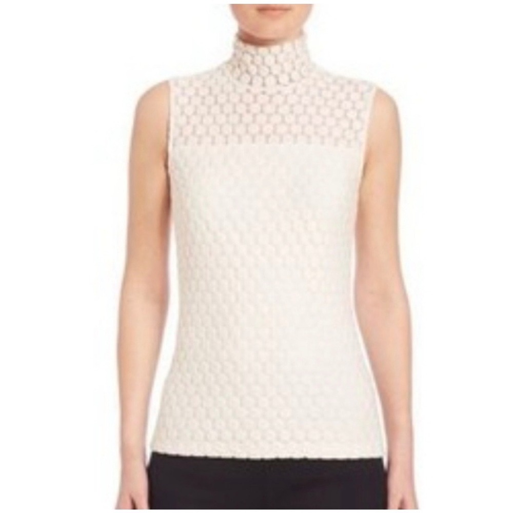 Akris Punto Lace Mock Neck Top Women 8 White Minimalist Quiet Luxury capsule